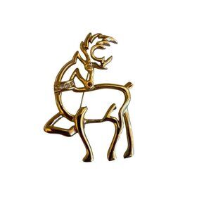 Vintage Gold Tone Reindeer Brooch Pin With Rhinestone Accents